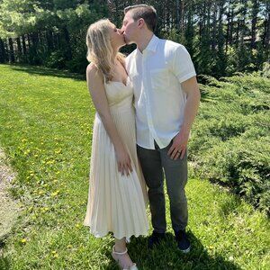 Azazie Emma Cream Pleated Midi Dress